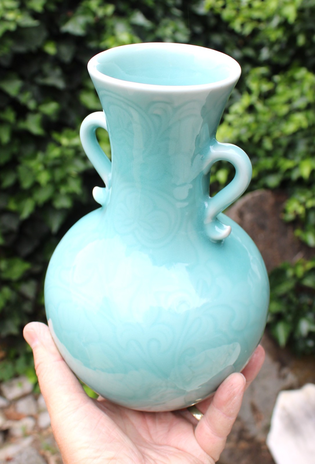 Late 20th century Porcelain Longquan China Carved Celadon Vase w/ Two Handles