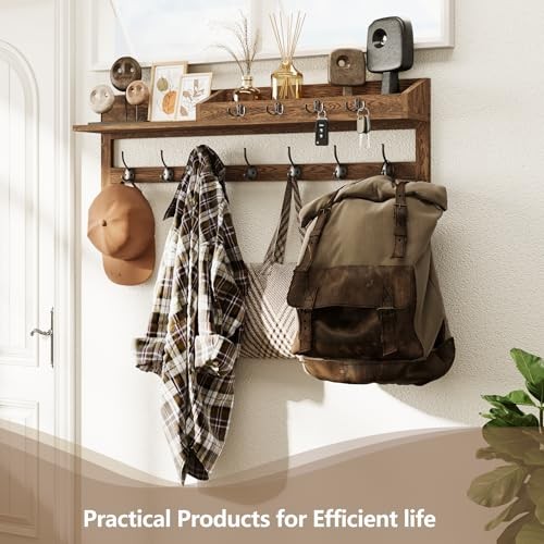 Coat Rack Wall Mount, 35 inch Large Wall Hooks with Shelf, 35″ L Brown