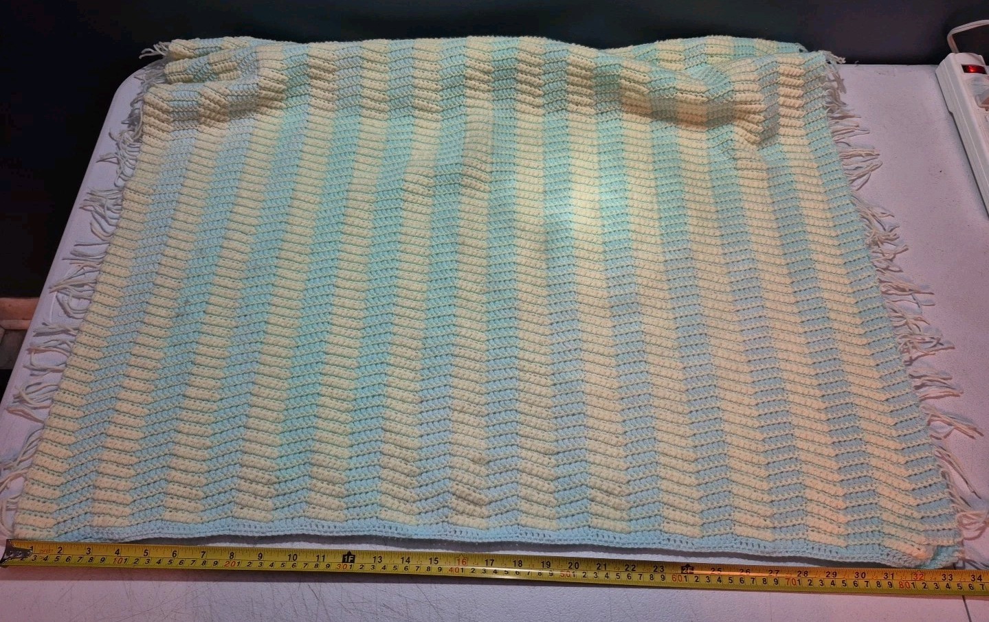 Lap/Baby Unisex Afghan Blanket Throw Green Yellow Handmade Crocheted 34” X 33.5”