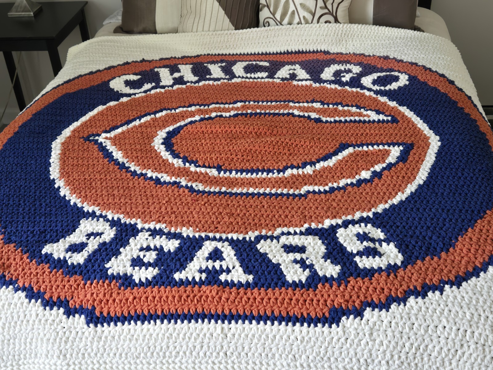 Chicago Bears Handmade Crochet Throw Blue Orange White 5′ 5″