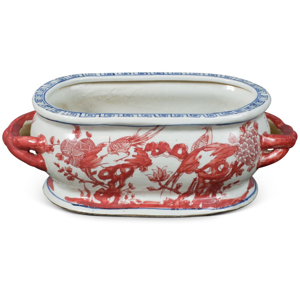 US SELLER – Red White Chinoiserie Bird Flower Porcelain Footbath Planter