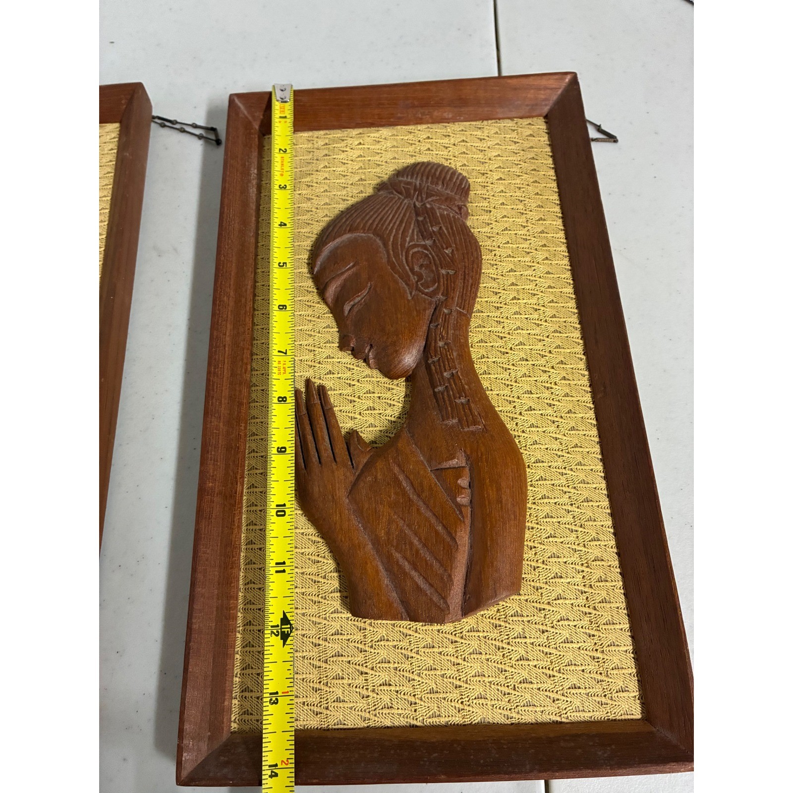 Vintage Mid Century Thai Wood Carved Wall Art Set 2 Praying Woman Mirrored