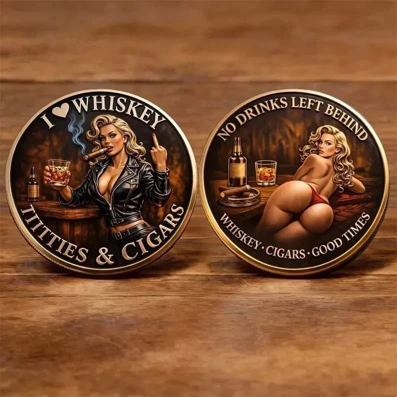 Whiskey Cigars Pinup Challenge Coin No Drinks Left Behind