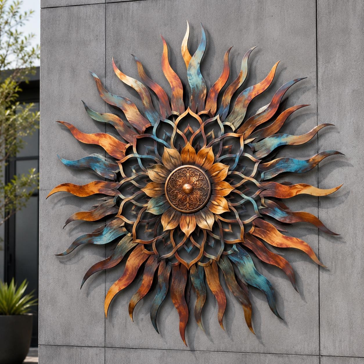 Sunburst Mandala Metal Wall Art, Large Outdoor Garden Wall Decoration