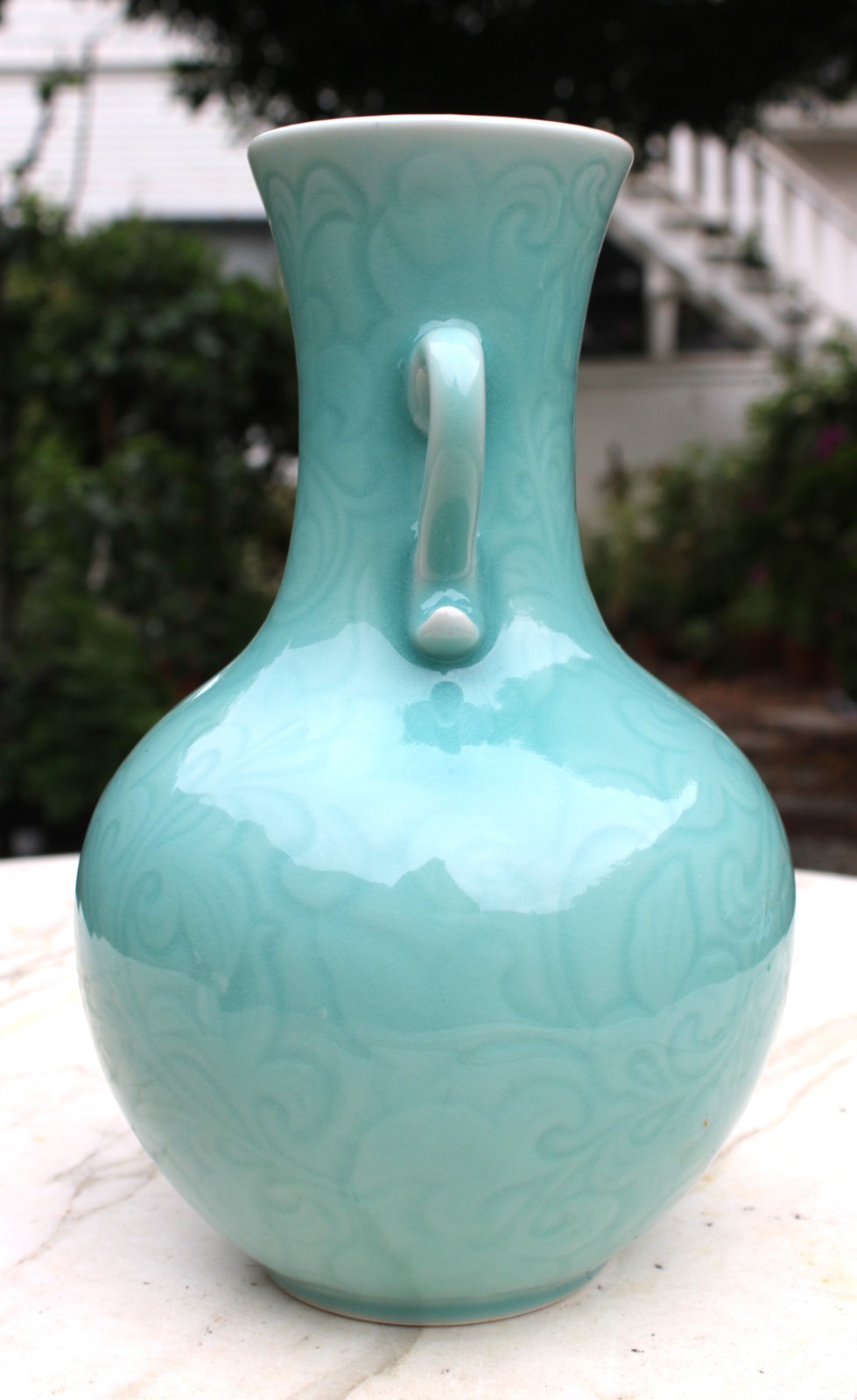 Late 20th century Porcelain Longquan China Carved Celadon Vase w/ Two Handles