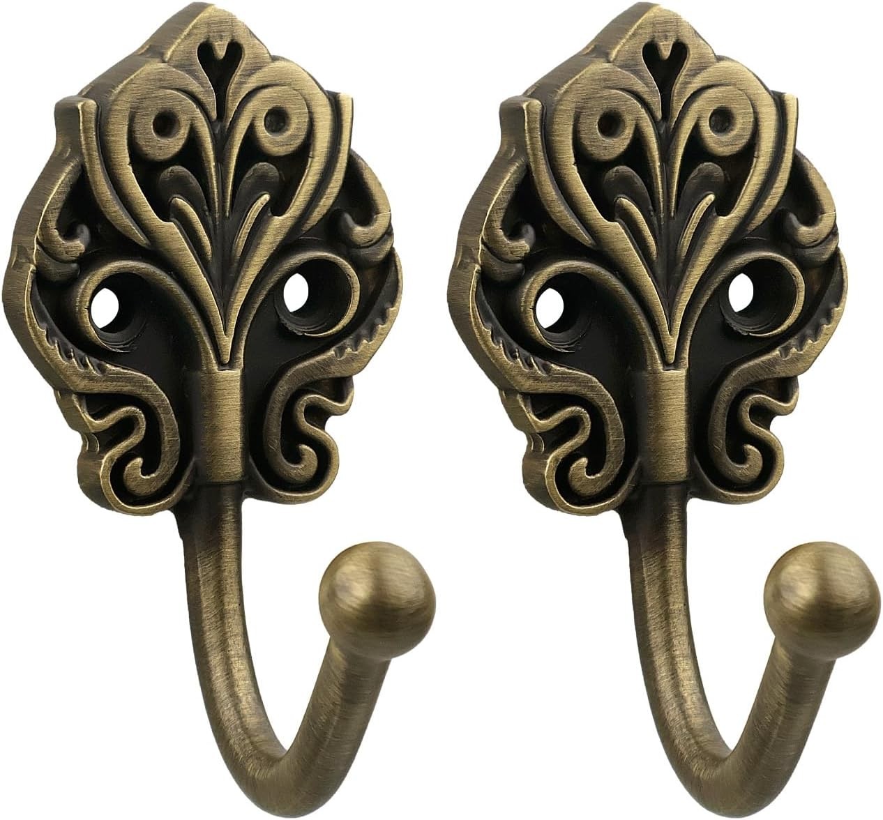 Solid Brass Wall Hooks 2 Pack – Heavy-Duty Decorative Coat Hooks with Antique