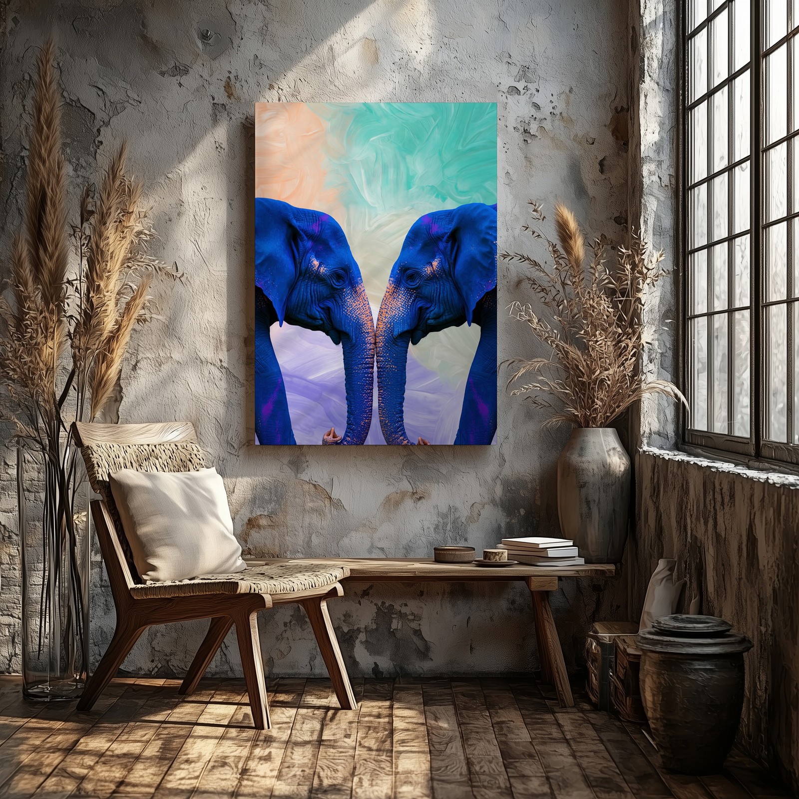 Wall Art Two Majestic Elephants Face Each Other, Their Trunks Entwined In A
