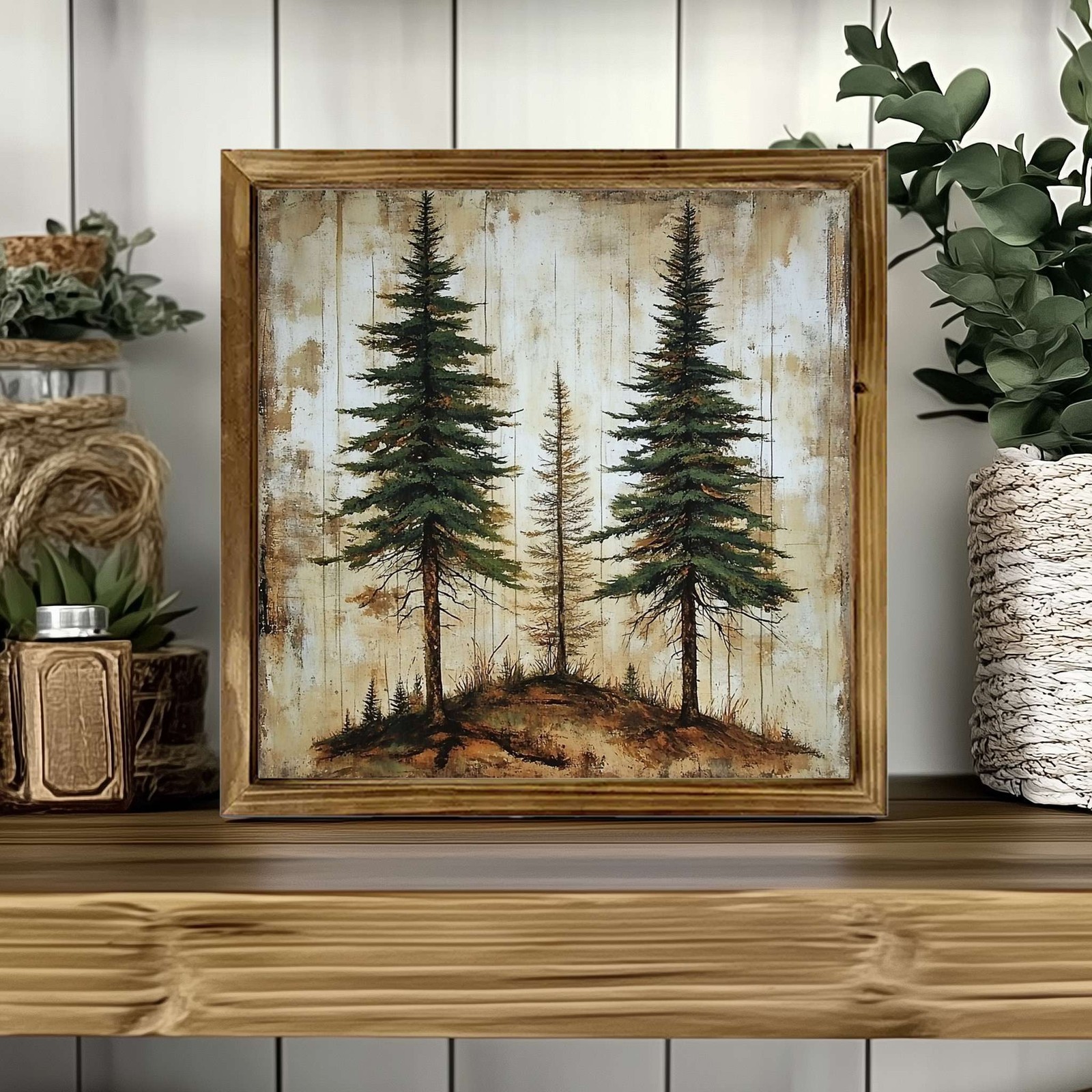 Rustic Framed Pine Tree Art Vintage Forest Landscape Farmhouse Wooden Wall Decor