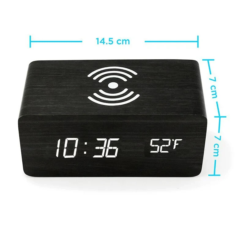 Modern Wooden Wood Digital LED Desk Alarm Clock Thermometer Qi Wireless Charger