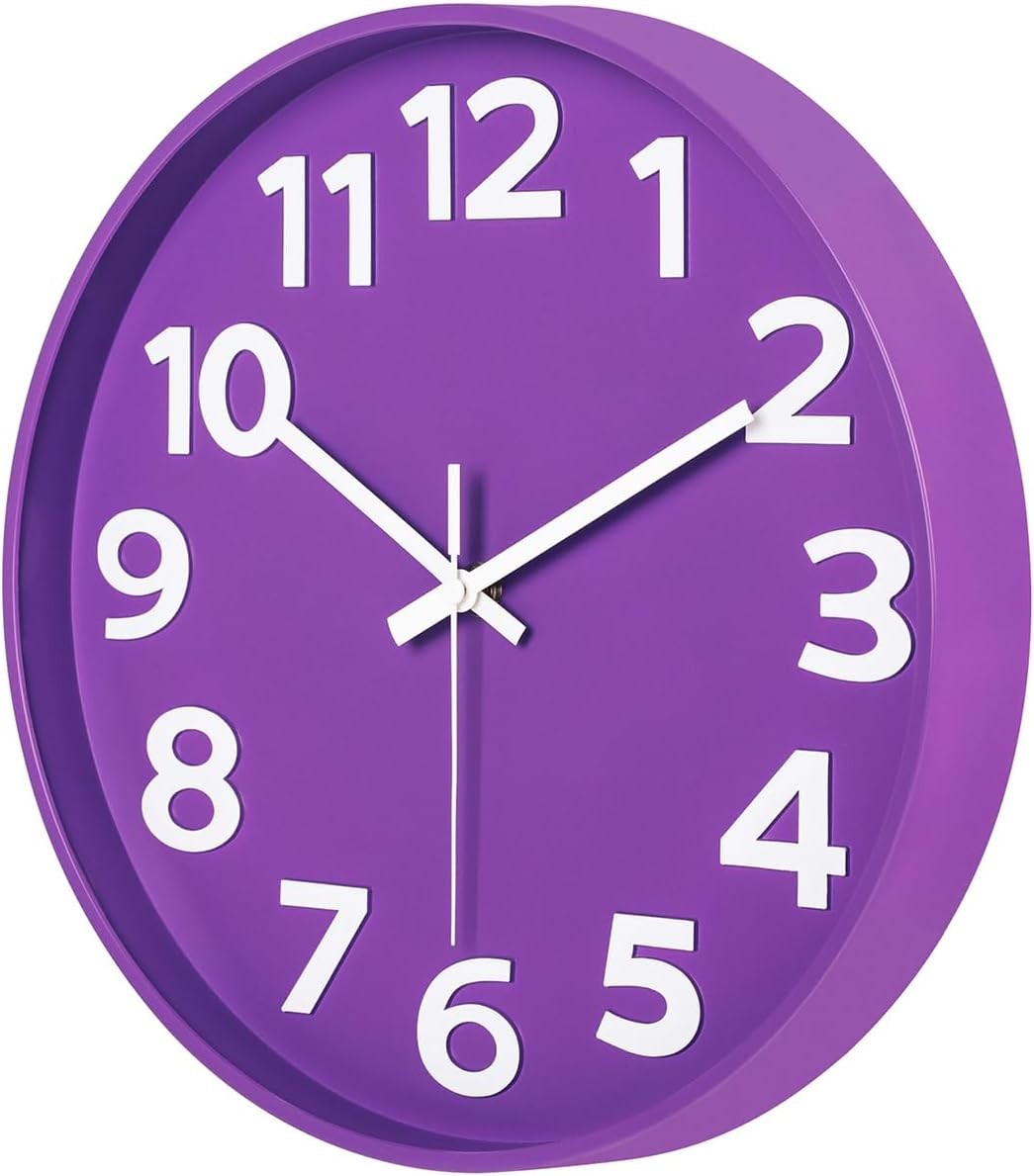 12-Inch Modern Purple Wall Clock, Silent Non-Ticking, Large Numbers, Accurate…