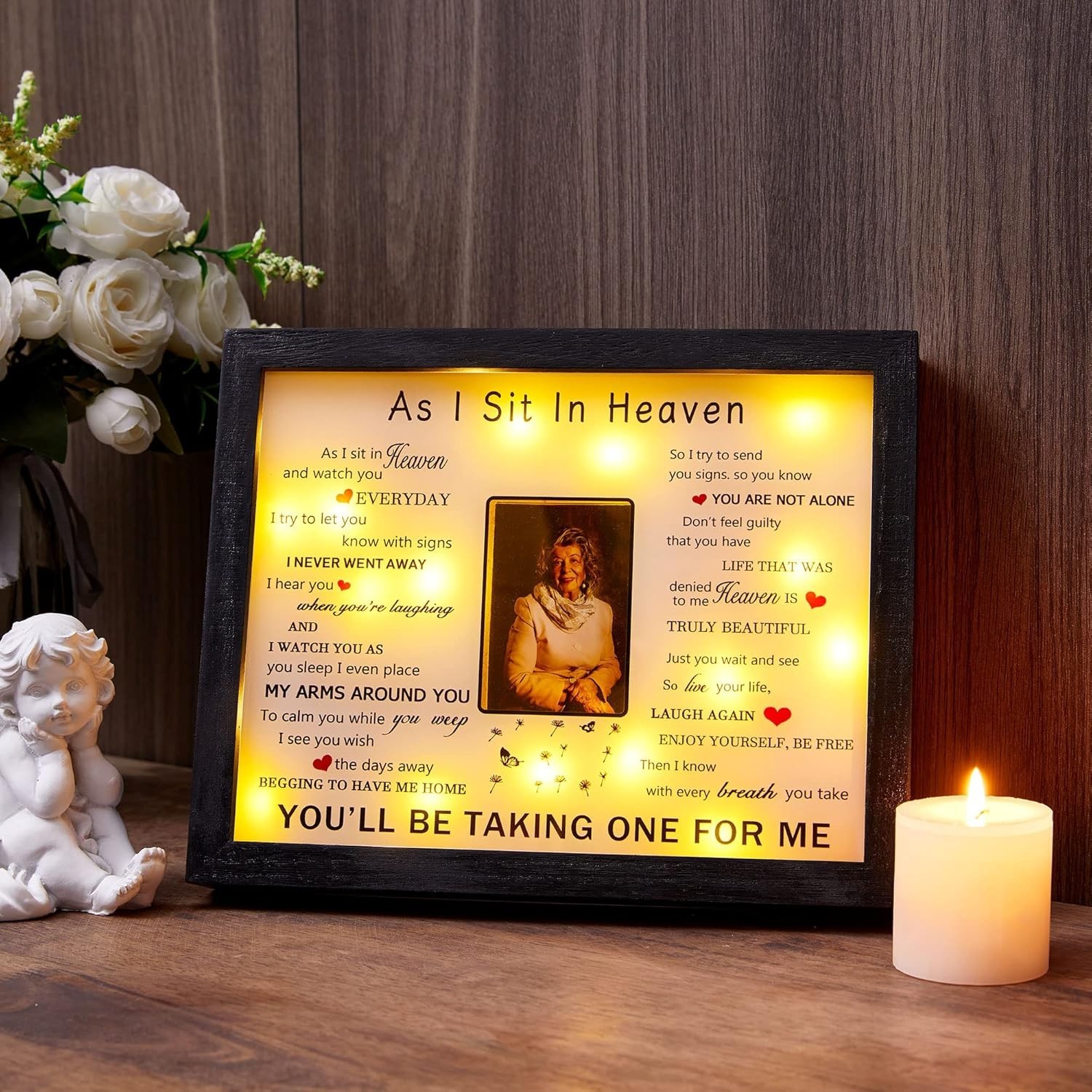 Rustic LED Memorial Picture Frame with ’As I Sit in Heaven’ Poem – 8×10 Gift