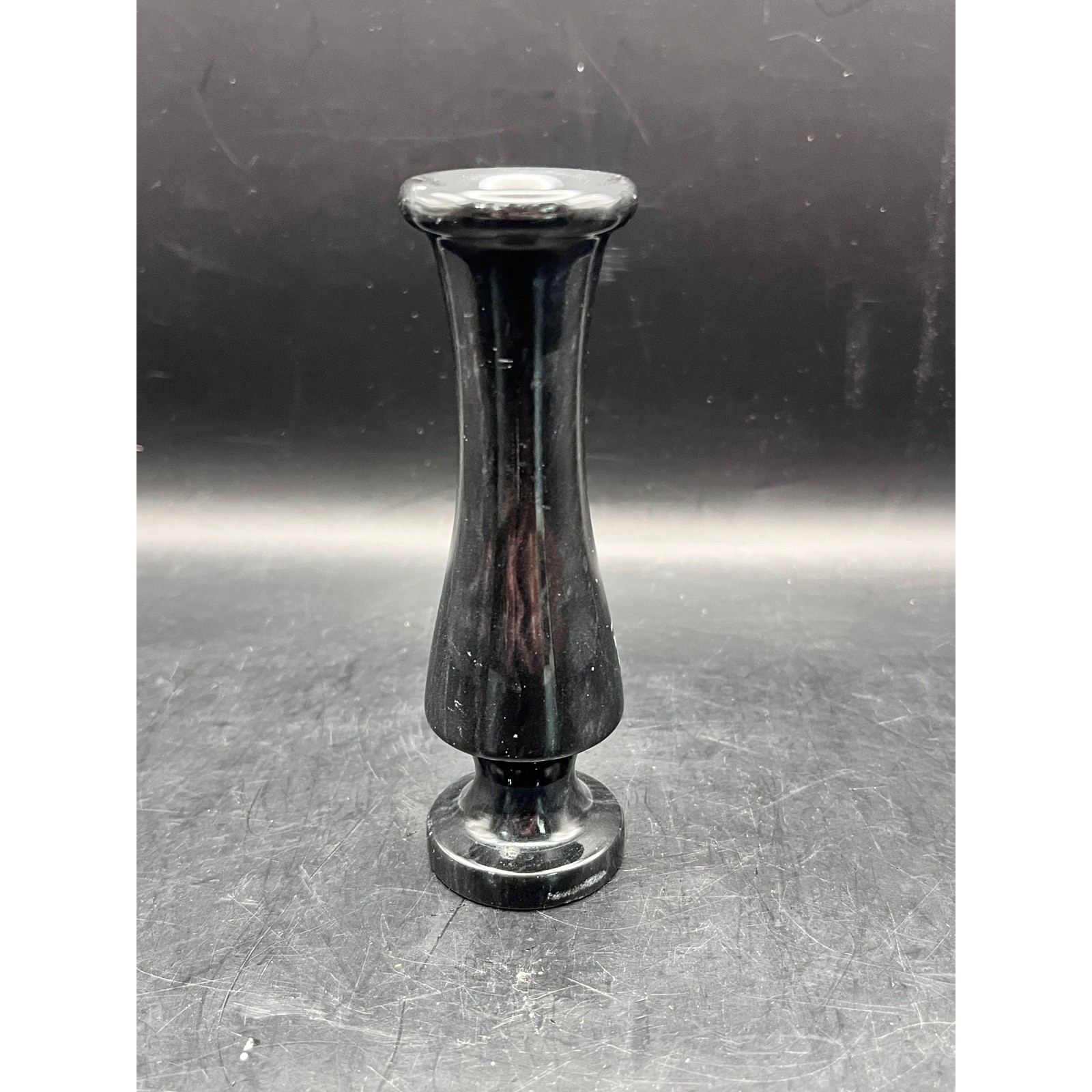 Vintage Black Stone Marble Onyx Bud Vase Carved Oriental Tree Smooth 4.5″ Tall