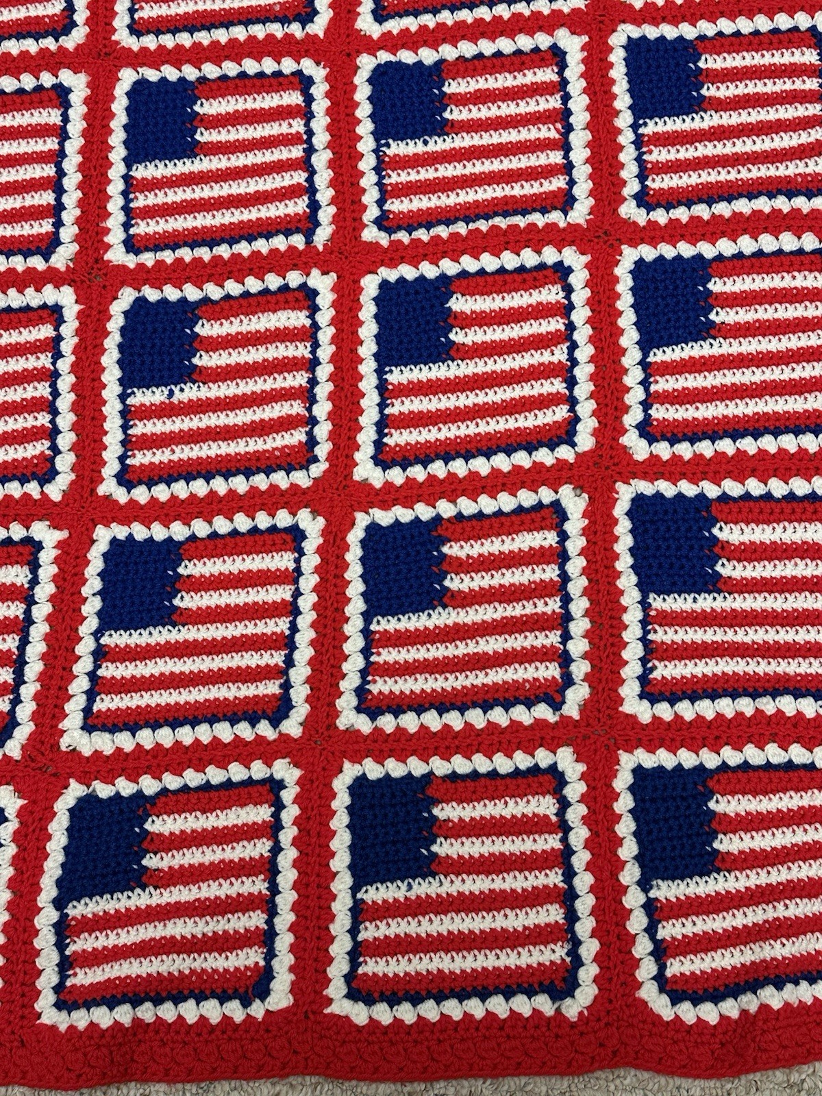 Vintage Handmade Afghan Crochet Blanket Quilt Granny Square American Flag Red