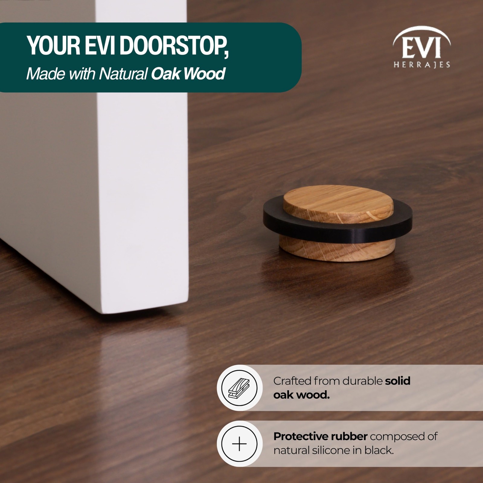 Oak Wood Door Stop Black Rubber 1.85×0.87 Inch Adhesive Smooth Floor 30245X19