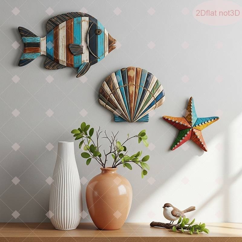 3Pcs Coastal Beach Wooden Wall Decor 2D Flat Ocean Fish Shell Starfish Hanging