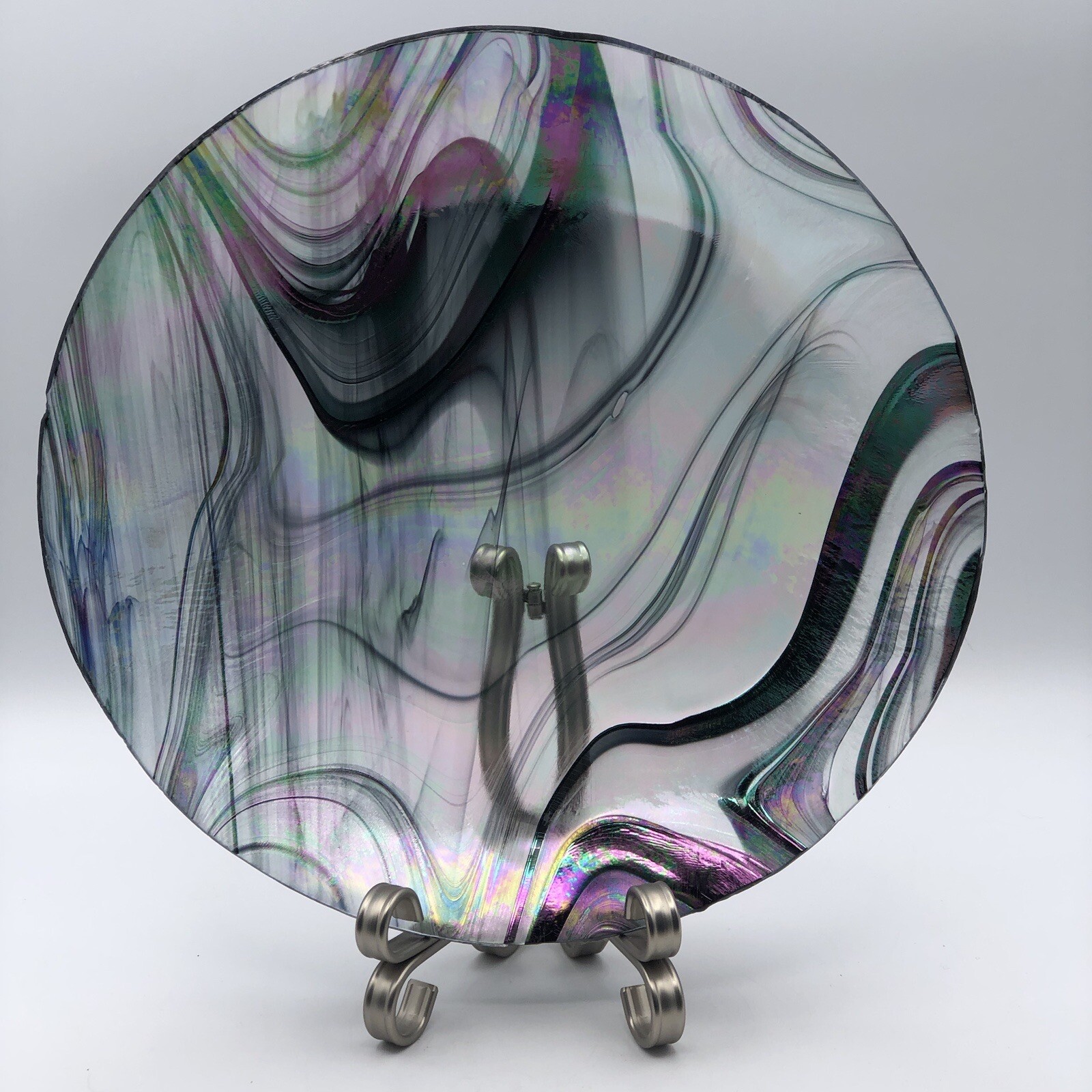 Iridescent Opalescent (Oil Slick) Glass Charger/Platter With Silver Metal Stand