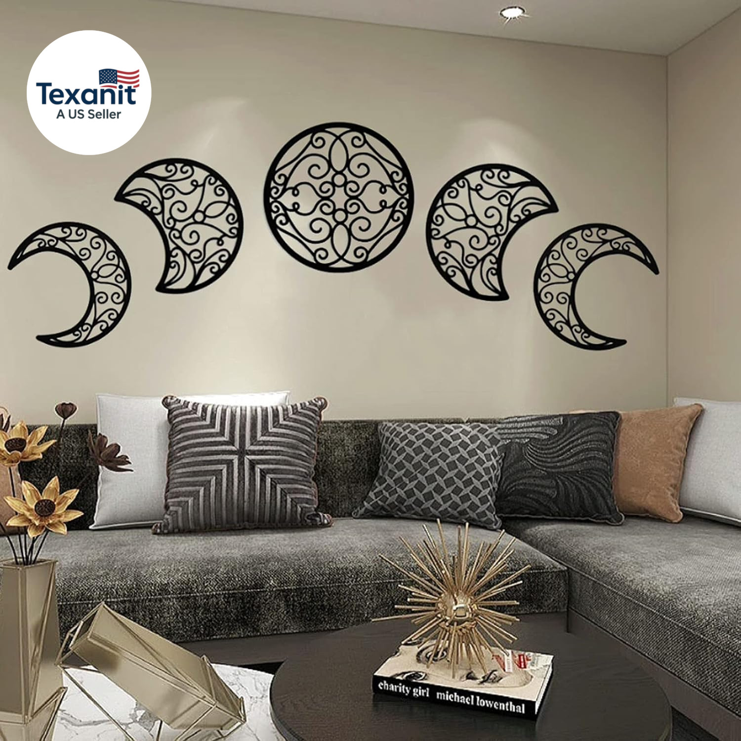 5 Pieces Moon Decoration Wall Decoration Wooden Moon Phase Wall Hanging Bohemian