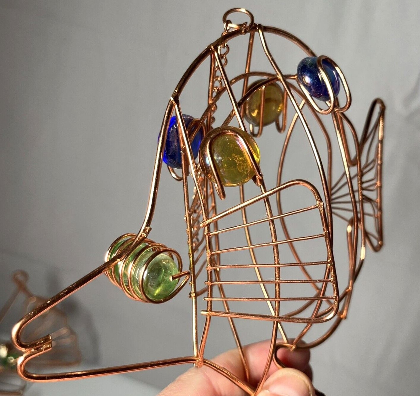Copper Metal Glass Marbles Stones Fish HANGING Desk Decor 6″ – 8″ length
