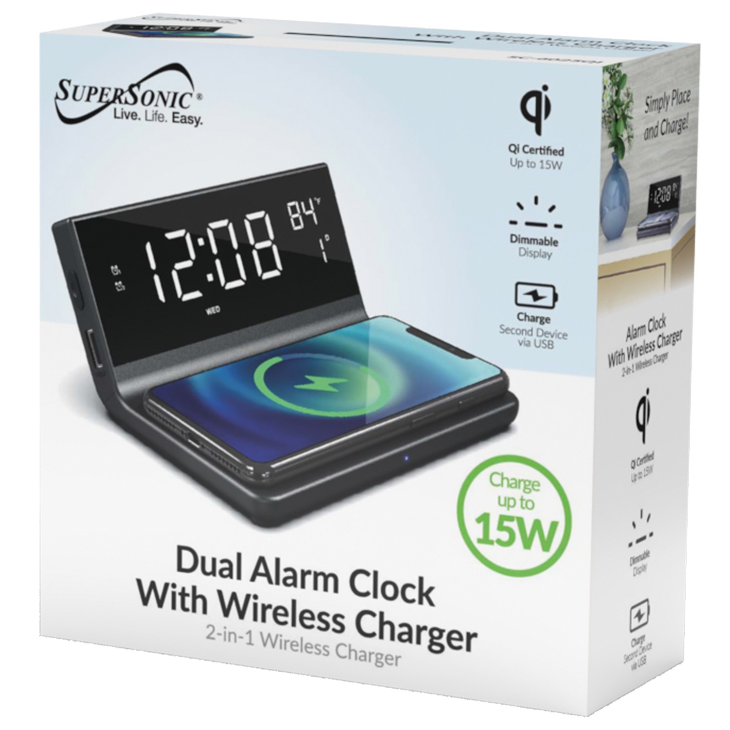 SUPERSONIC SC-6025QI Dual Alarm Clock with 2-in-1 Wireless Charging