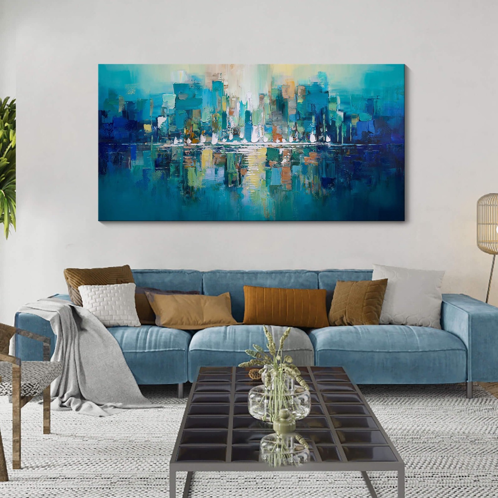YDYSUNE Abstract Wall Art – Teal Canvas Wall Decor City Picture,Large Modern Art