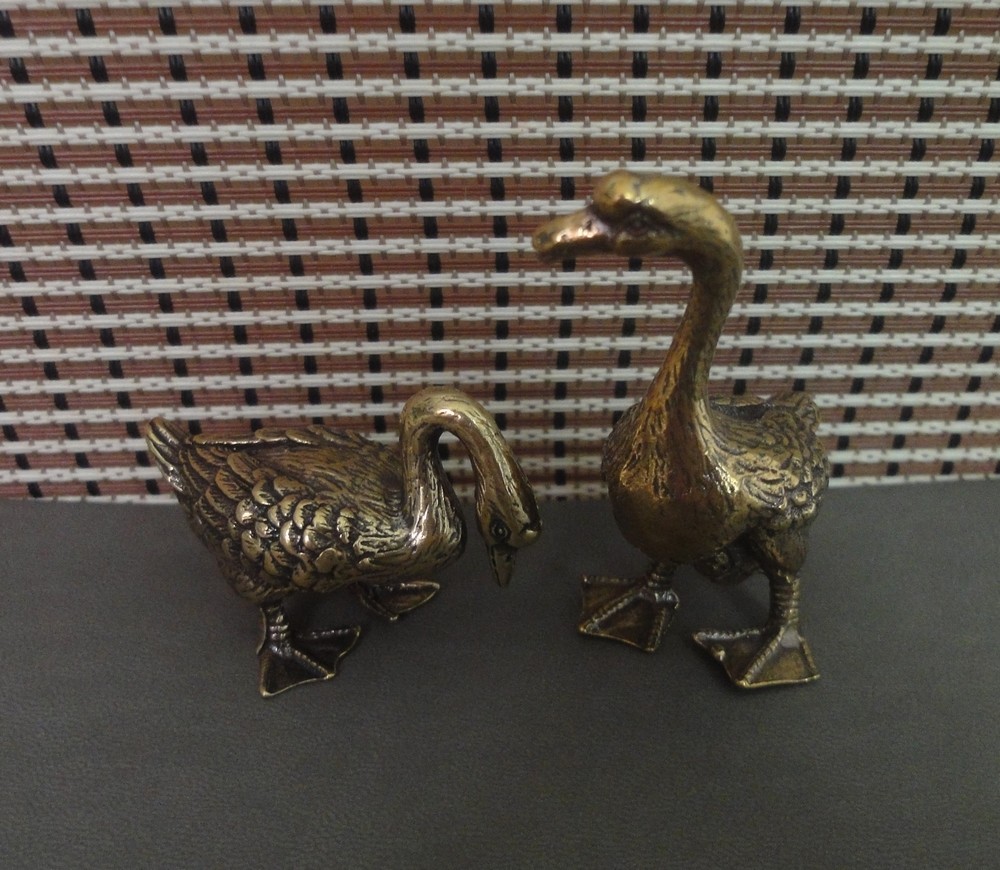 Pair of Vintage Style Solid Brass Copper Couple Gooses Animals Statues Sculpture