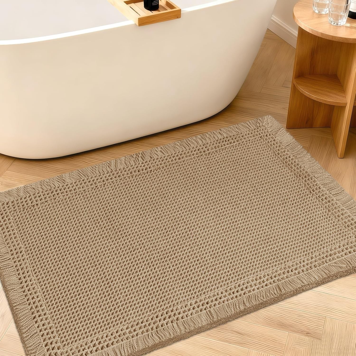 Upgraded Waffle Bath Mat, 36″x24″ Beige-Bordered, Super Absorbent Non-Slip Quick