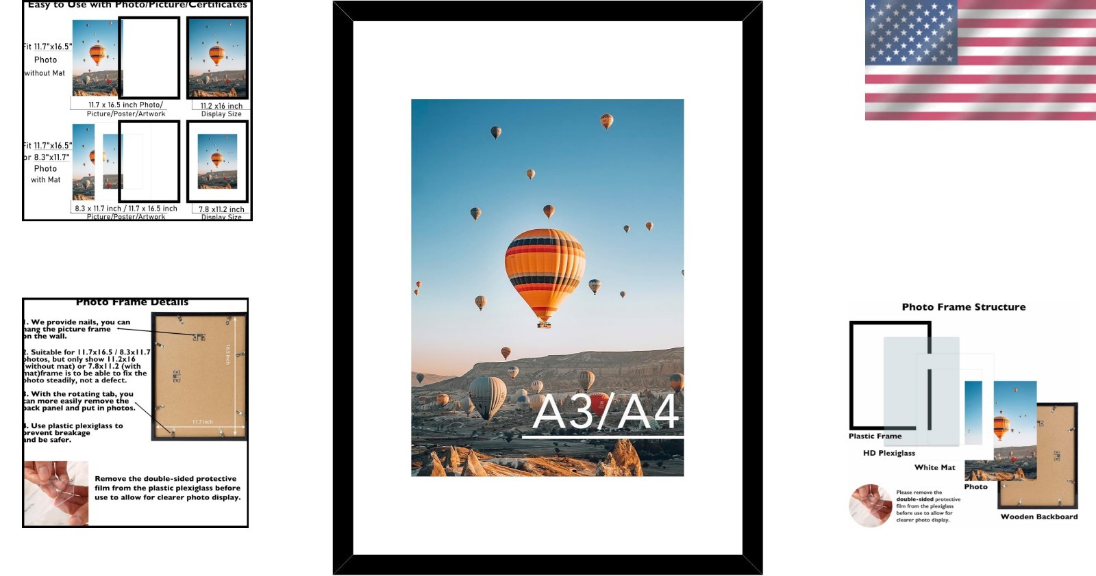 Lightweight Black Plastic Photo Frame with Plexiglass – Easy Installation