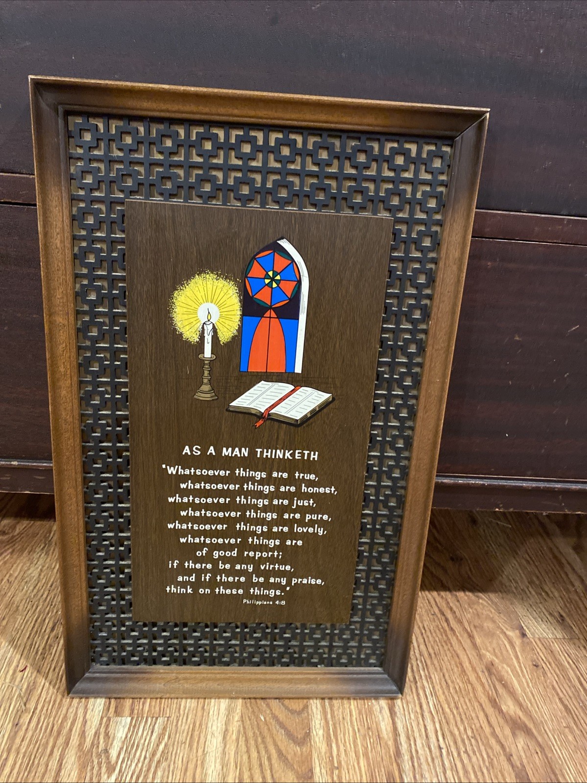 Vintage MCM Wood Bible Verse Wall Art Philippians 4:8 Christian Church Art Bible