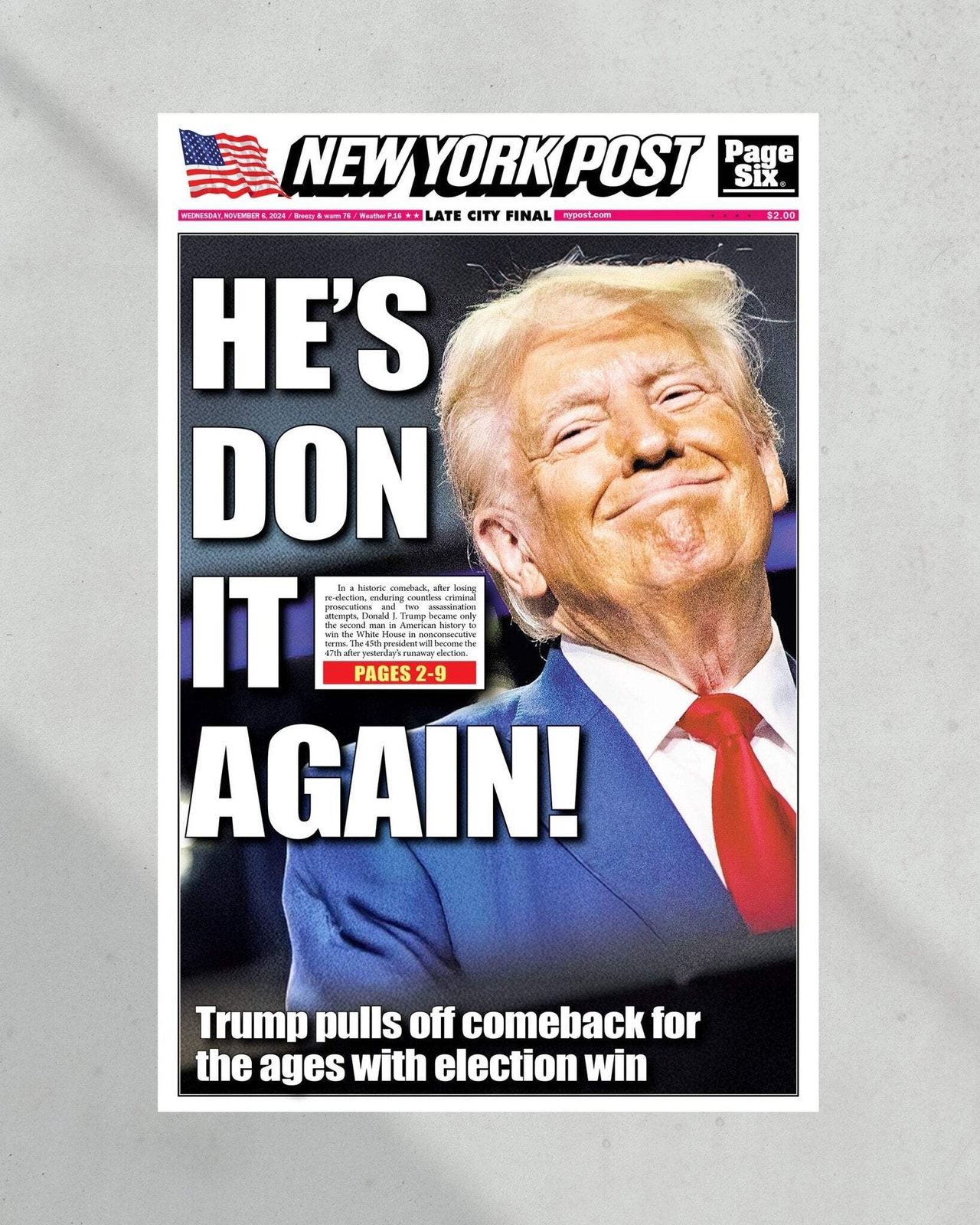 2024 Donald Trump Wins Presidential Election – NY Post Framed Newspaper