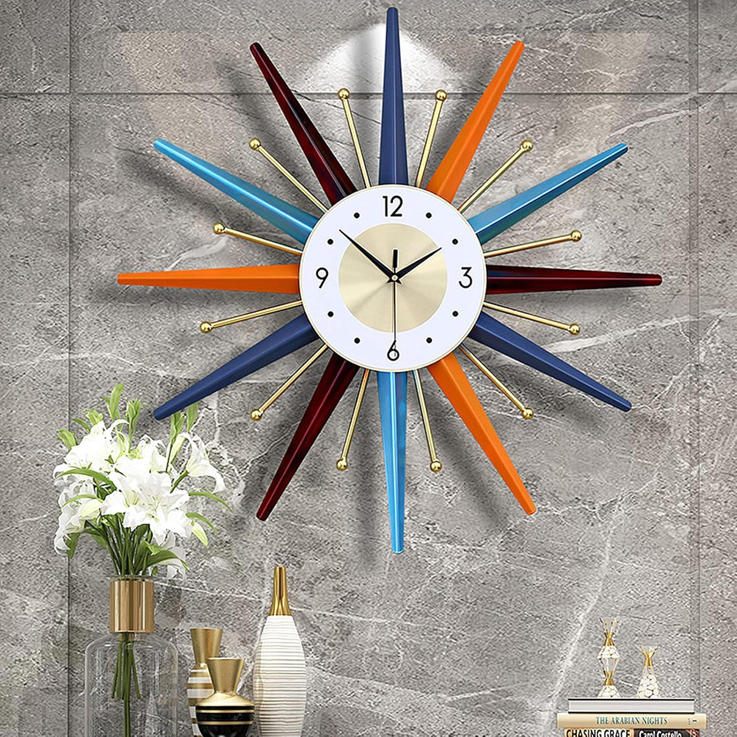 22″ Mid Century Modern Silent Wall Clock – Colorful Starburst Design Decor