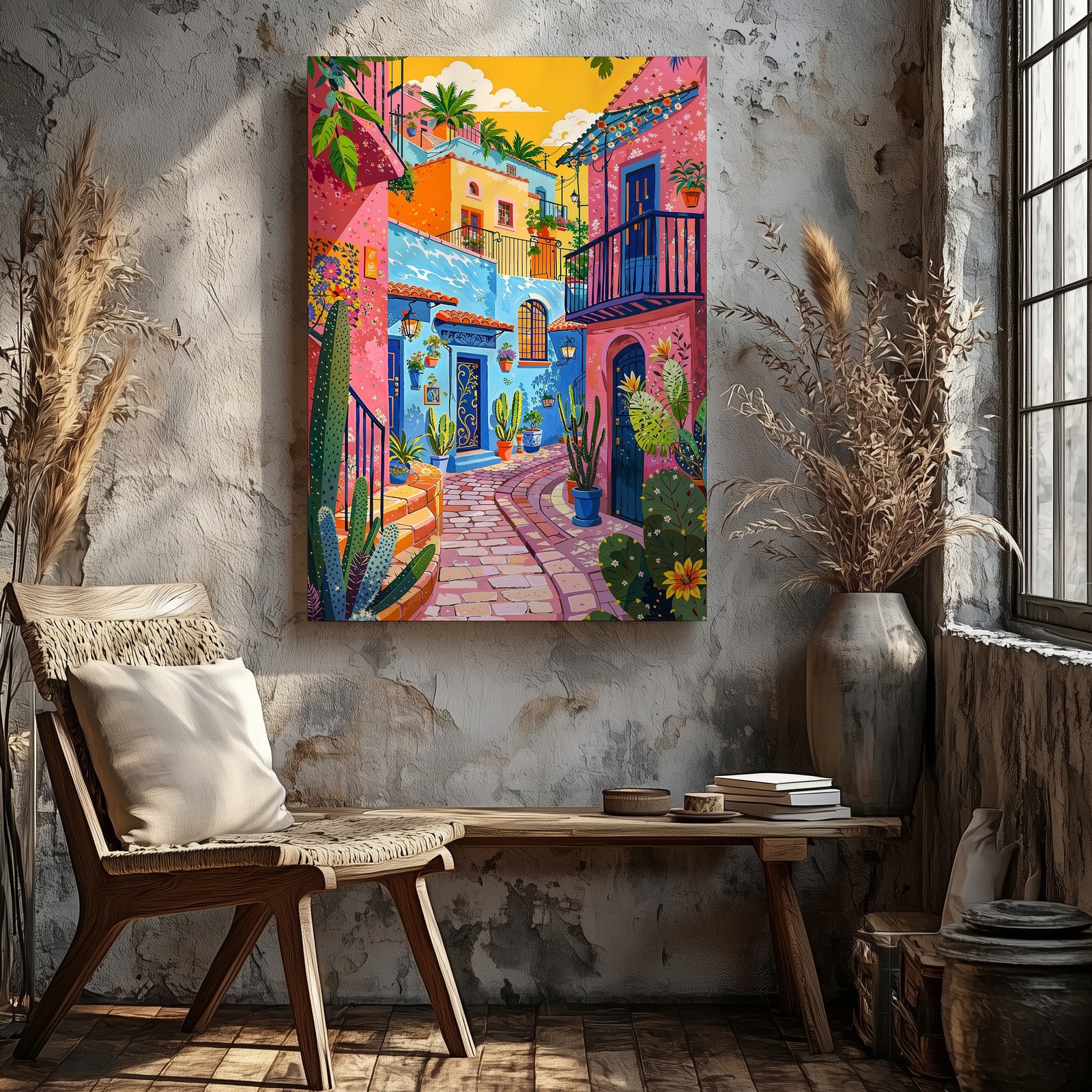 Colorful Mediterranean Street Scene Canvas Wall Art Vibrant Village Print Home
