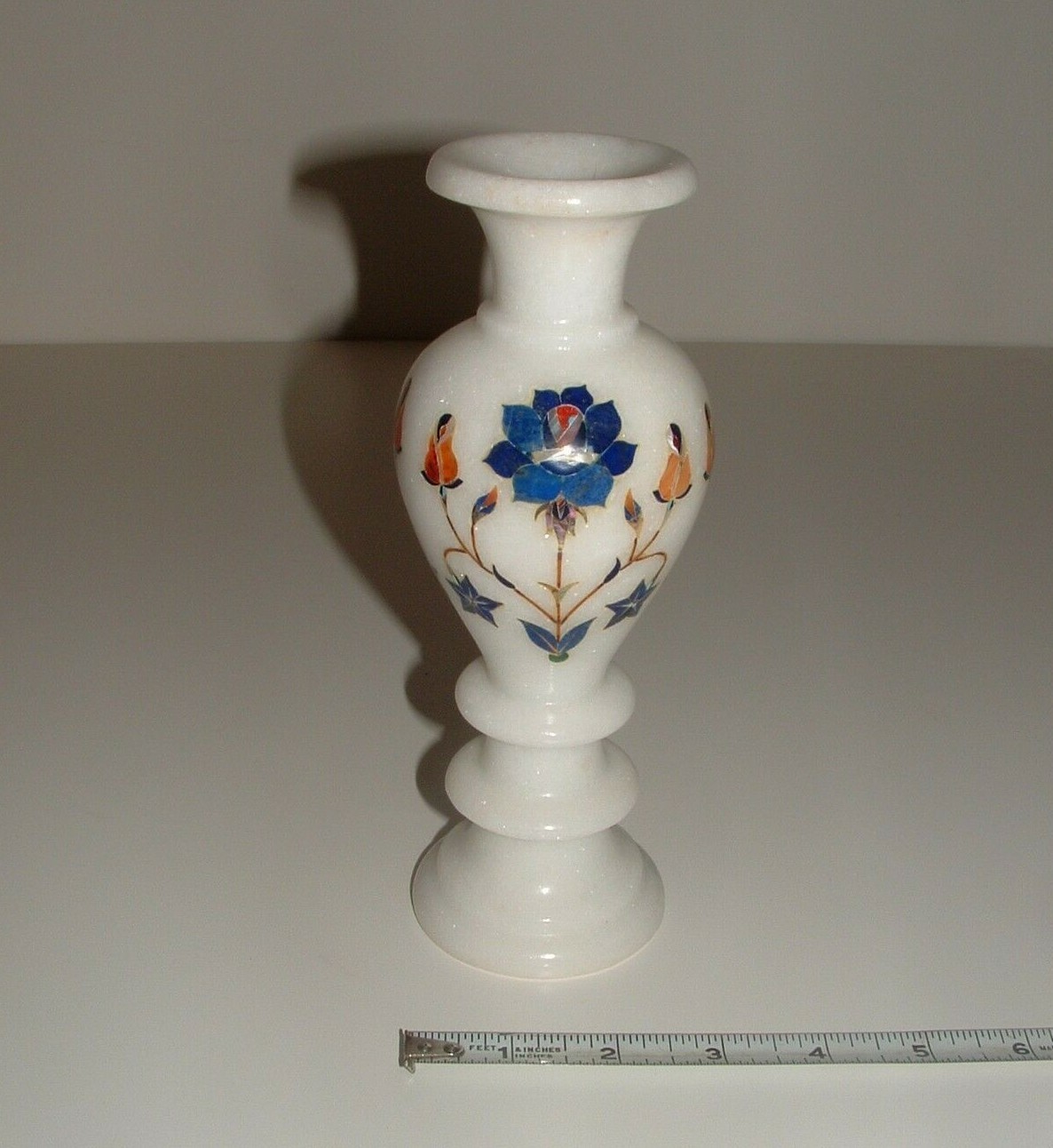 Floral Design Inlay White Marble Type Bud Vase, 8″ Tall, Age Unknown, pre-owned