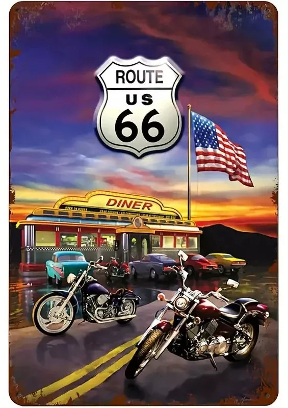 Route US 66 Diner USA Motorcycles Vintage Cars 12×18 Metal Sign NEW