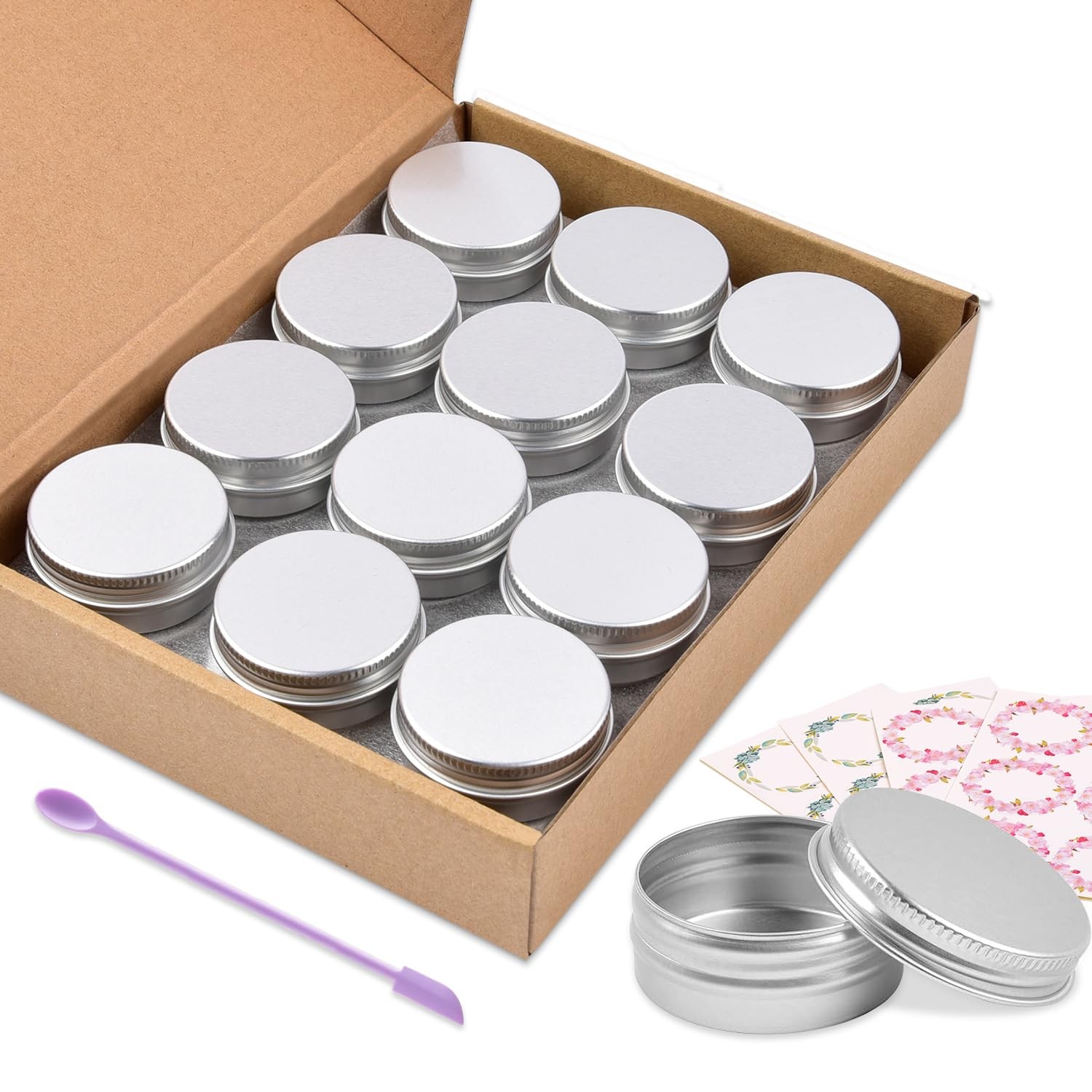 Aluminum Tin Cans, 24PCS 1/2 Oz Metal Round Containers Screw 1/2oz, silver