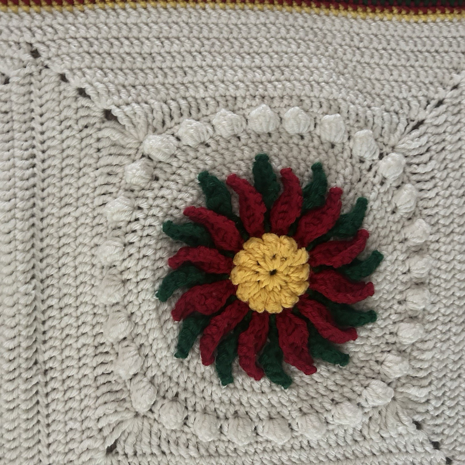 Vtg Christmas Crochet Afghan 3D Poinsettias White 38”x63” Red Green Bordered
