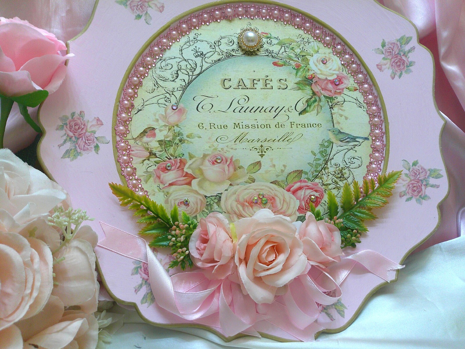 Shabby Chic Victorian~Lg Charger Plate w/French Inspired Graphic~PINK~Roses~OOAK