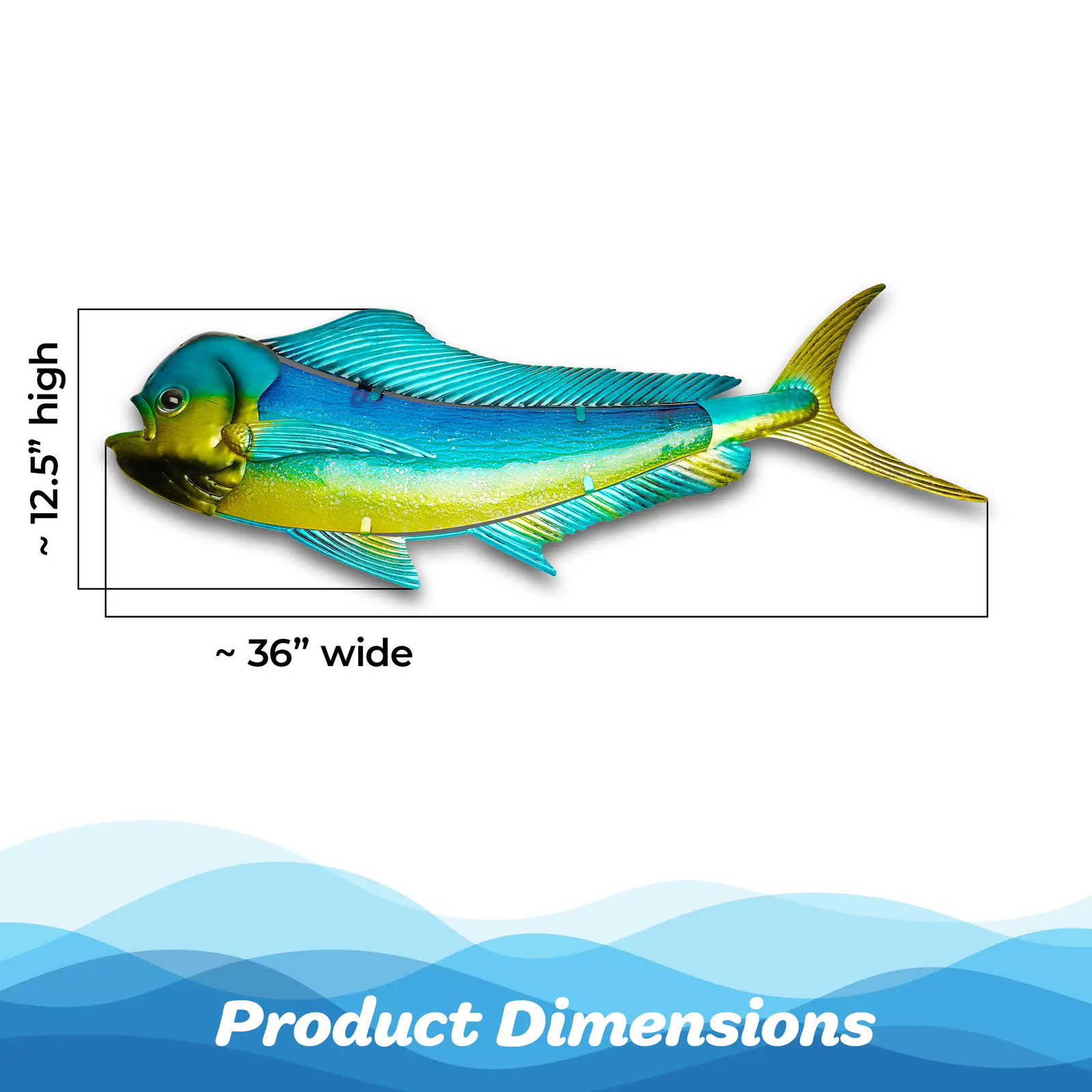 G128 36 IN Green Mahi-mahi Metal Wall Decor Tropical Ocean Theme Indoor Outdoor