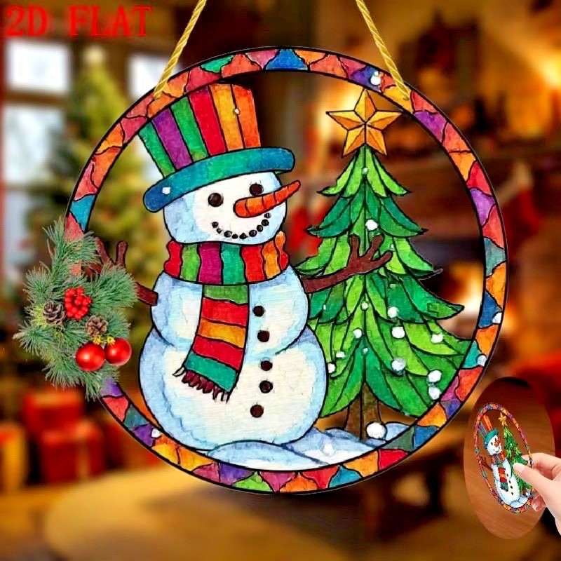 SET OF 2 -2D Flat Acrylic VINTAGE SNOWMAN COLORFUL Sun catchers 8″ Round