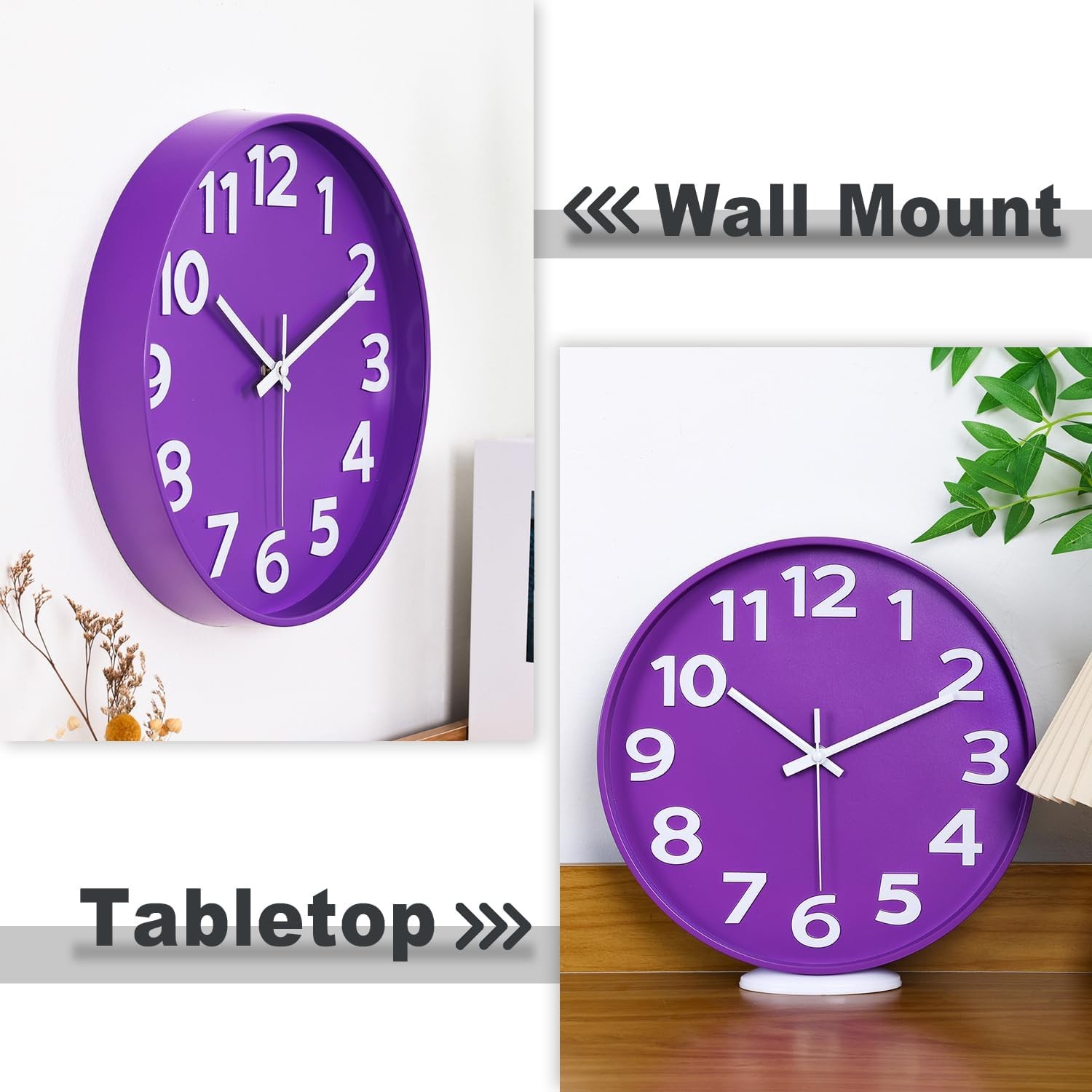 12-Inch Modern Purple Wall Clock, Silent Non-Ticking, Large Numbers, Accurate…