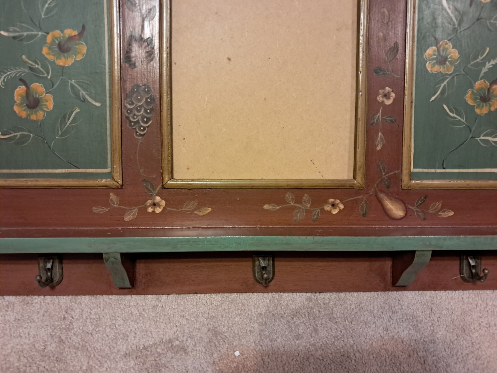 Vintage floral shaker board with coat hooks, wood, green accents