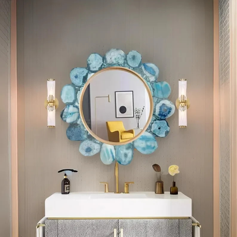 Blue Agate Stone Round Wall Mirror, Blue Agate Stone Wall Hanging Mirror Decor