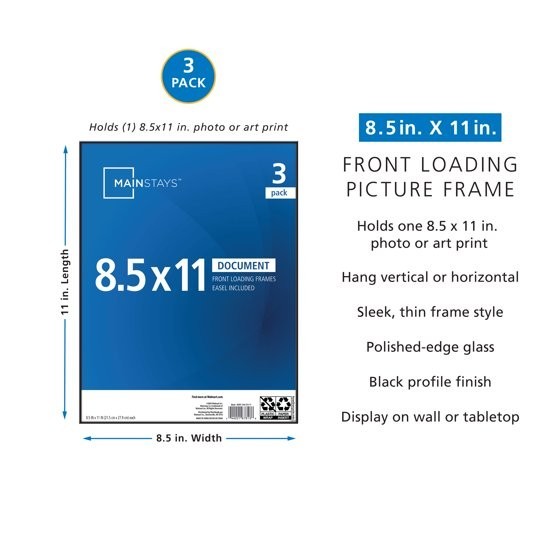 8.5×11 Front Loading Document Picture Frame, Black, Set of 3