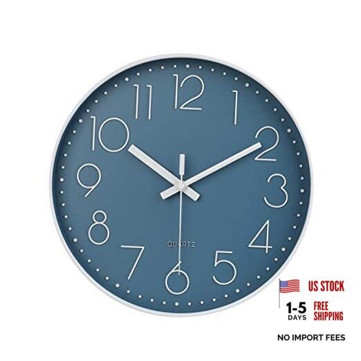 Silent Non-Ticking Battery Operated Quality Quartz Round Wall 12 Inch Cerulean