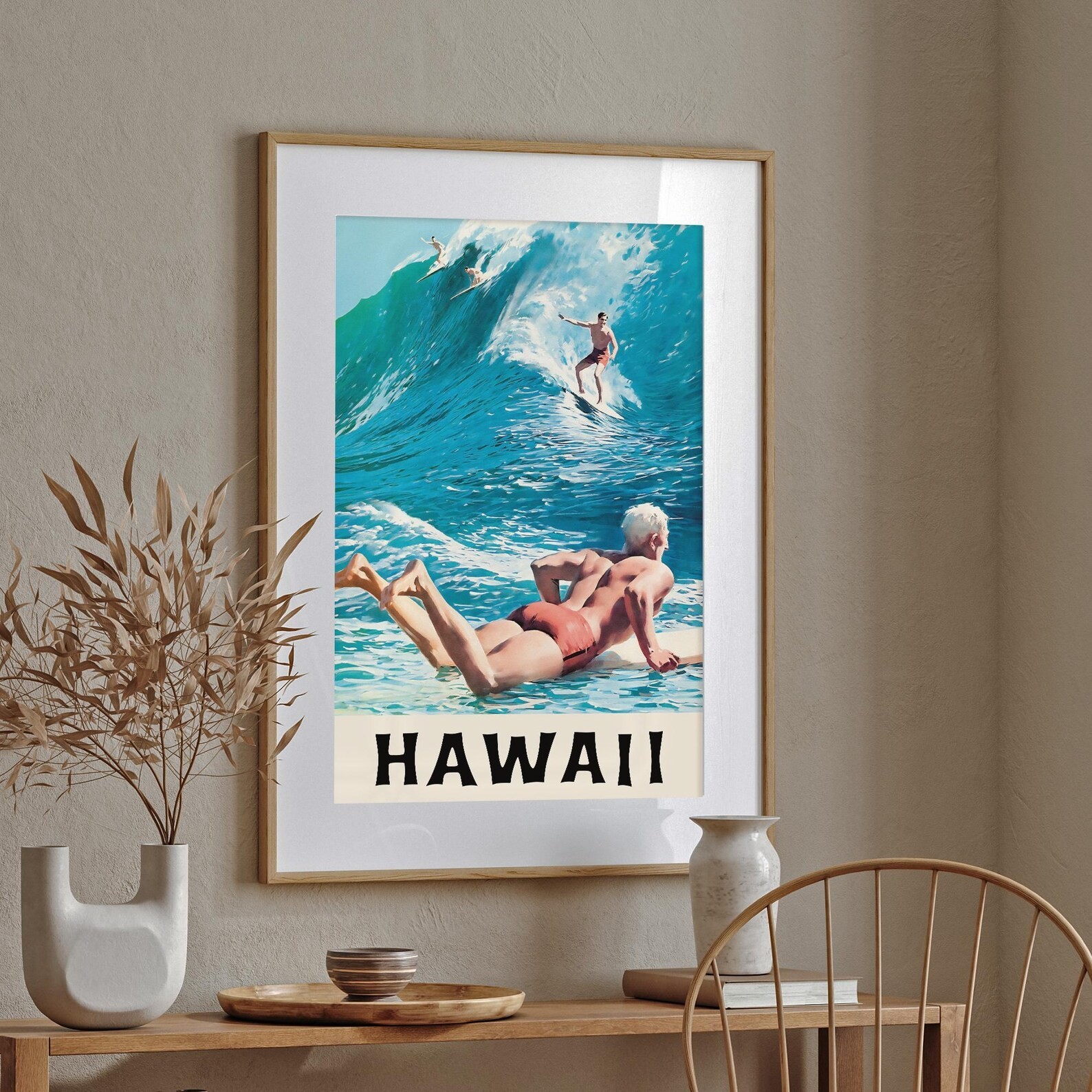 Vintage Hawaii Surf Poster Retro Beach Wave Travel Wall Art Tropical Island