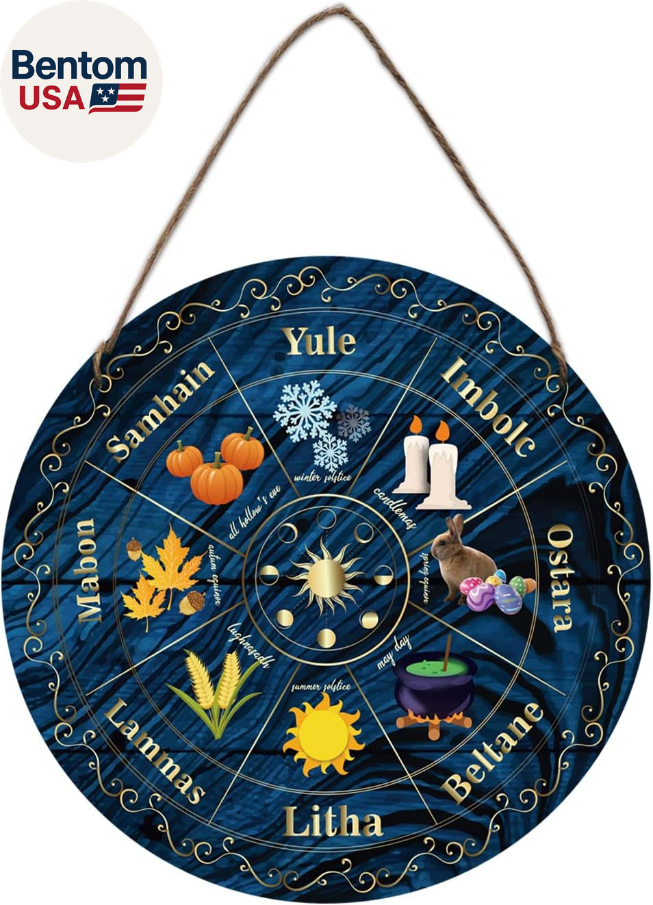 Wheel of the Year Wood Sign, 11.8″ Sabbats Norse Pagan Sign Witches Runes Wood E
