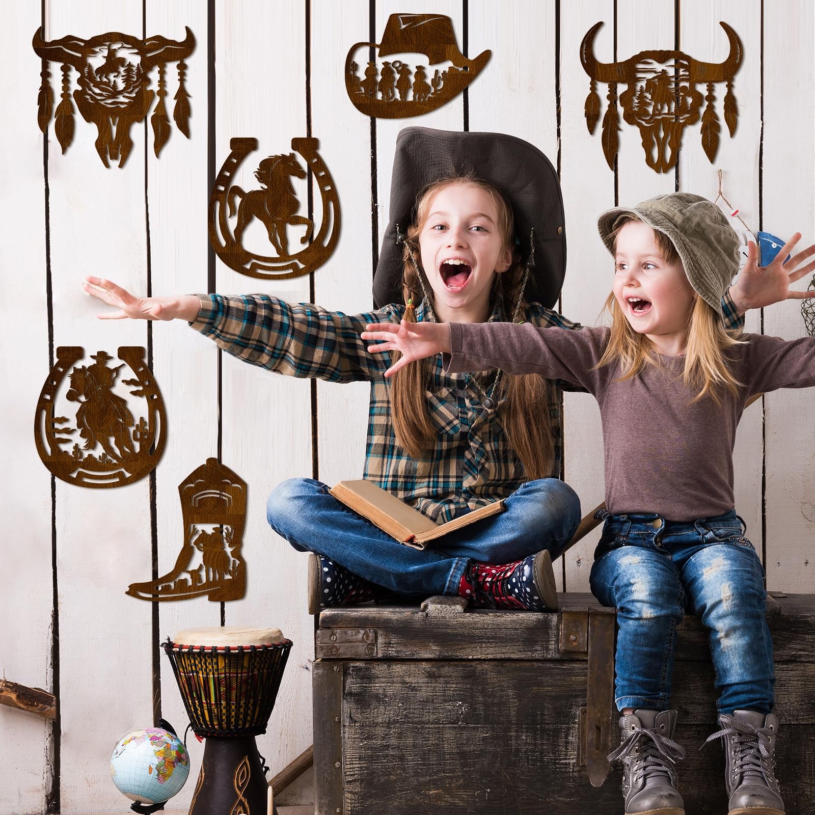 Therwen 6 Pcs Western Wall Decor Wood Art Rustic Cowboy Cowboy, Brown