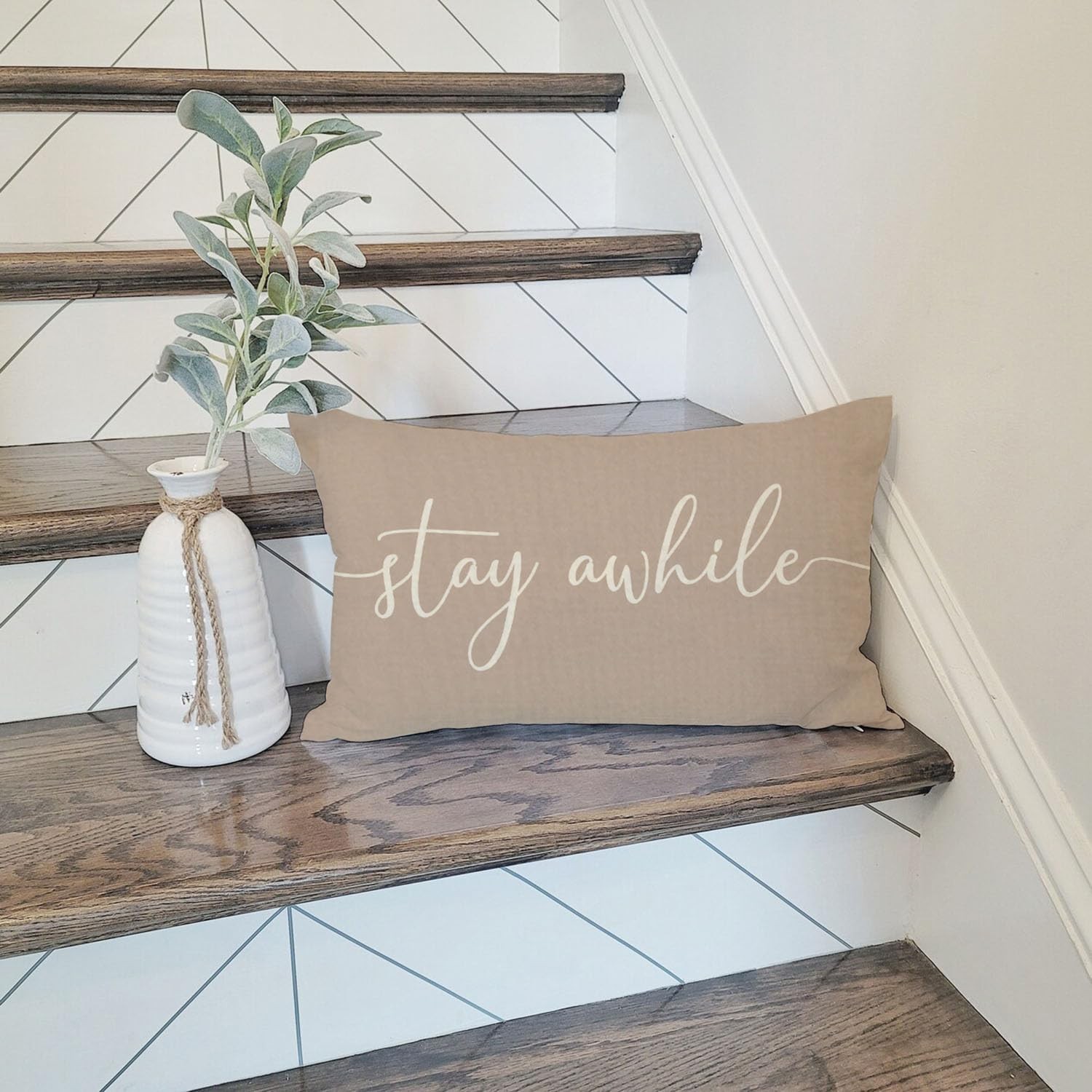 PANDICORN Modern Farmhouse Pillow Covers 12×20 with Words Stay Awhile Cozy Re…