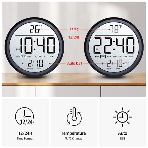 8″ Round LCD Digital Wall Clock Battery Operated with Temperature and Black