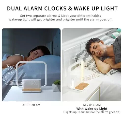 Dual Alarm Clock Bedside Table Lamp with Fast Wireless Charger Station for