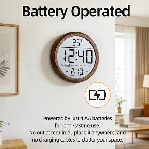 8″ Round LCD Digital Wall Clock Battery Operated with Temperature and Darkwood